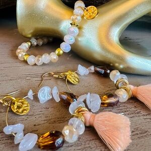 Handcrafted Rose Quartz Earrings & Faceted Beads Bracelet Set